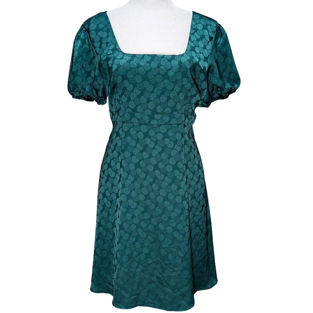Coquette‎ Babydoll Emerald Green Polka Dot Square Neck Puff Sleeve Mini Dress M